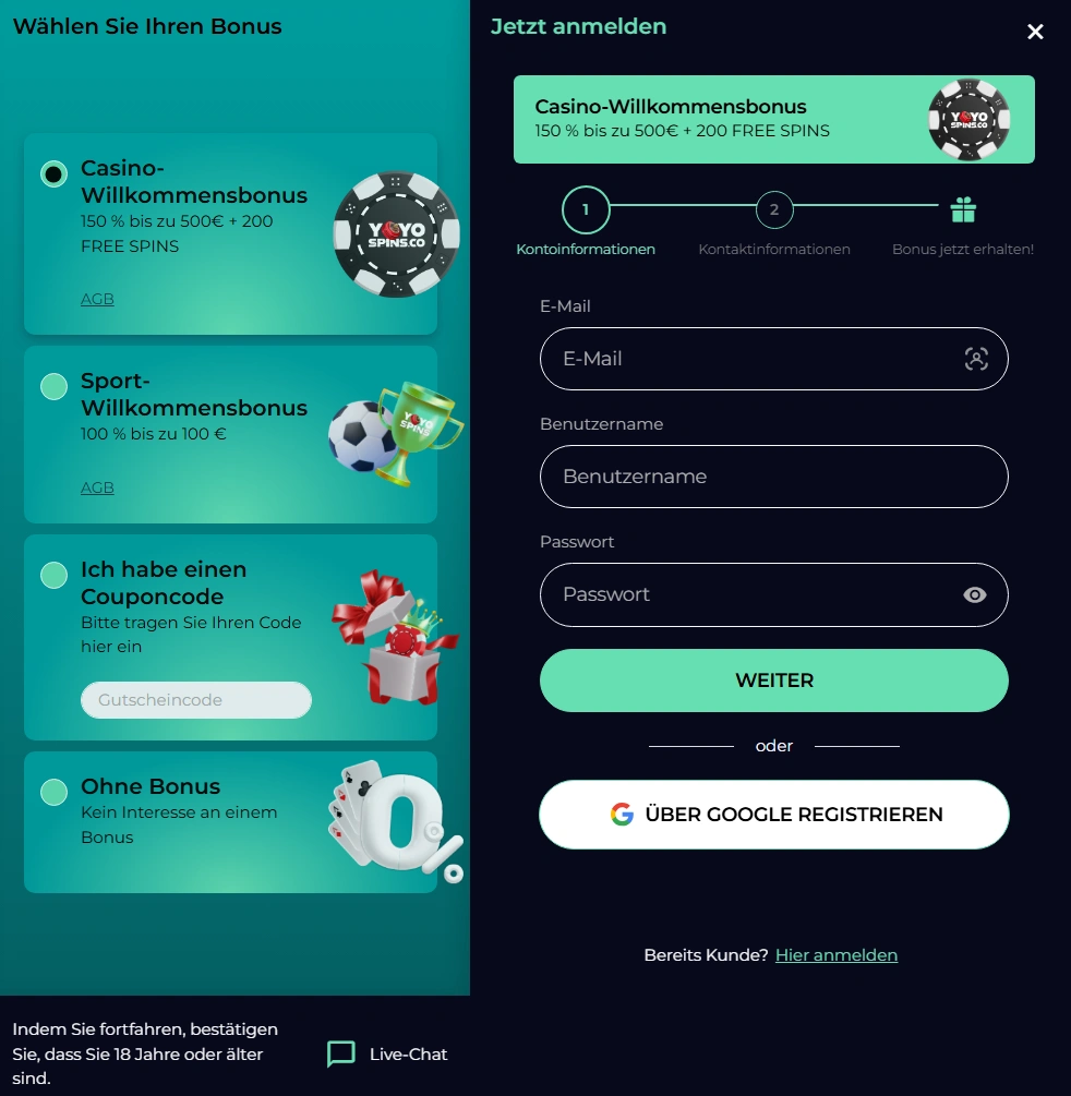 YoyoSpins Registrierung und Anmeldung
